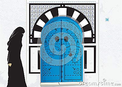 Muslim woman front Tunisian door Vector Illustration