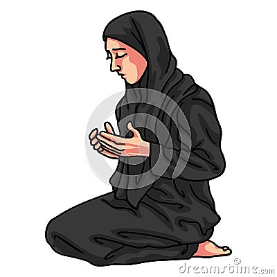 Muslim Woman Girl Lady Islam Islamic Pray Prayer Dua Drawing Cartoon Vector Illustration