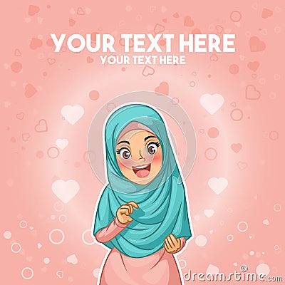 Muslim woman happy with her hijab by holding her headscarf Vector Illustration