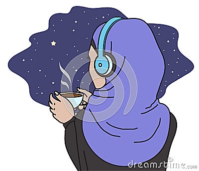 A muslim woman in headphones. Vector Illustration