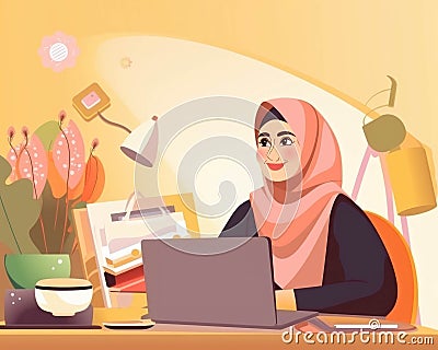 A Muslim woman in hijab managing her work and family life with a smile.. AI generation Stock Photo