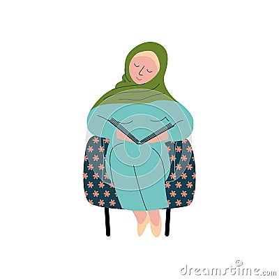 Muslim Woman in Hijab Sitting in Armchair and Reading Book, Modern Female Arab Girl Character in Traditional Clothing Vector Illustration