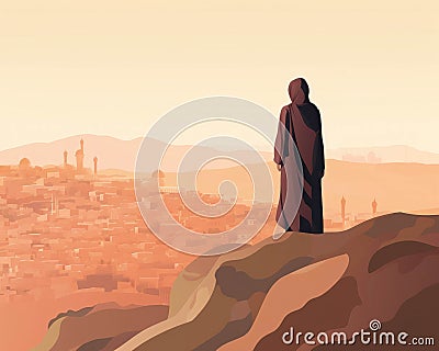 A Muslim woman in a hijab stands atop of a hill the city skyline stretched out before her like a canvas of knowledge Stock Photo