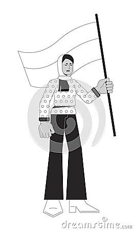 Muslim woman holding flag flat line black white vector character Vector Illustration