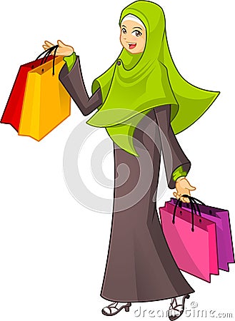 Muslim Woman Holding a Shopping Bag Wearing Green Veil Vector Illustration