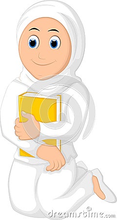 Muslim Woman with Hugging a Book Wearing white Veil Stock Photo