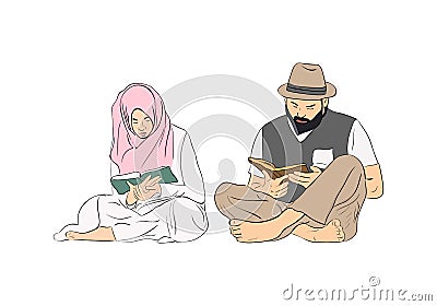 Muslim woman and man reading religious books. Vector Illustration Vector Illustration