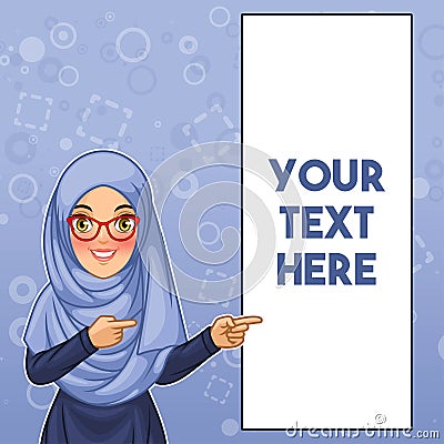 Muslim woman pointing finger to the left side at copy space Vector Illustration