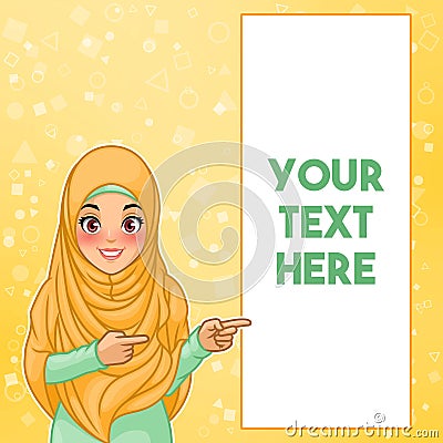 Muslim woman pointing finger to the left side at copy space Vector Illustration