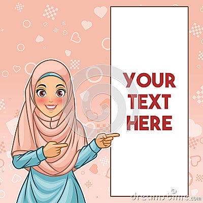 Muslim woman pointing finger to the left side at copy space Vector Illustration