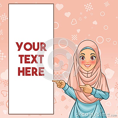 Muslim woman pointing finger to the right side at copy space Vector Illustration