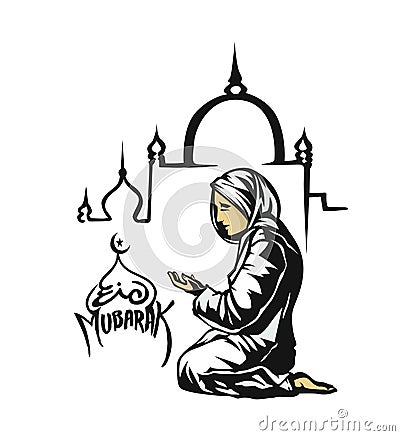 Muslim woman praying Namaz, Islamic Prayer - Hand Drawn Vector Illustration