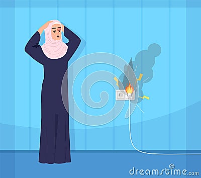Muslim woman puzzled by damaged cable semi flat vector illustration Vector Illustration