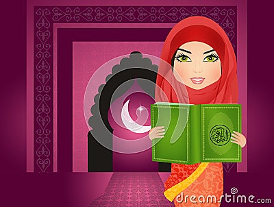 Muslim woman reading holy islamic book Coran Stock Photo