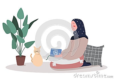 Muslim woman reading quran sitting during Ramadan kareem. vector flat illustration of Islam activities Vector Illustration