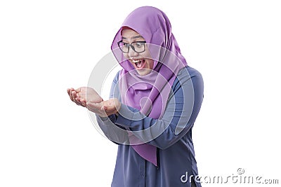 Muslim Woman Shows Copy Space Empty Palm Presenting Something Stock Photo