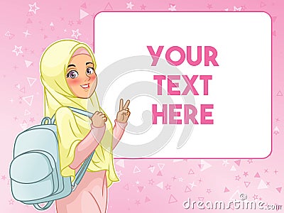 Muslim woman student cheerful holding backpack Vector Illustration