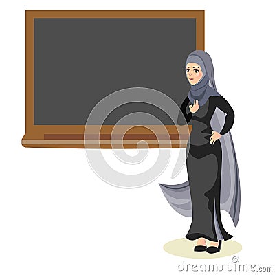 Muslim woman teacher standing in front of blackboard Vector Illustration