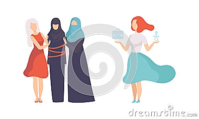 Muslim Woman Tied with Rope Having Support and Choosing Between Career and Parenting as Gender Equity Vector Set Vector Illustration