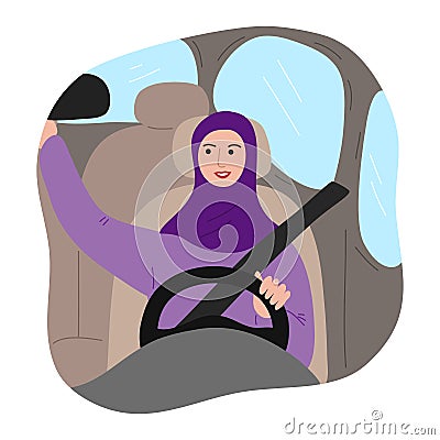 Muslim woman in traditional purple hijab with a safety belt driving a car and corrects rearview mirror. Vector Vector Illustration