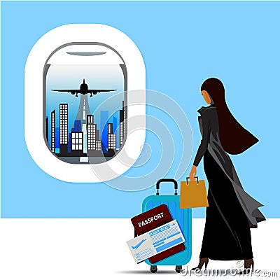 Muslim woman traveling holds a suitcase ,ticket and passport in hands at airport- illustration Stock Photo