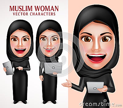 Muslim woman vector character set holding laptop and tablet with beautiful smile Vector Illustration