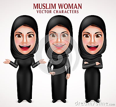 Muslim woman vector characters set wearing hijab black clothes Vector Illustration