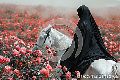 A muslim woman, wearing a black nikab, rides a white horse through a field of pink flowers Stock Photo