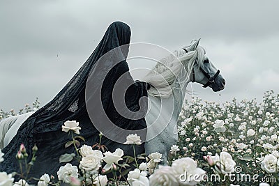 A muslim woman, wearing a black nikab, rides a white horse through a field of pink flowers Stock Photo