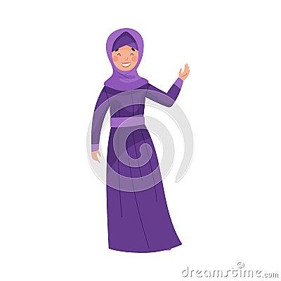 Muslim Woman Wearing Long Dress and Head Shawl Standing and Waving Hand Vector Illustration Vector Illustration