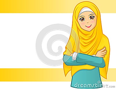 Muslim Woman Wearing Yellow Veil with Folded Arms Vector Illustration