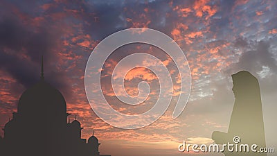 Muslim young woman in hijab standing pray for forgiveness worshiping in faith Mosque background in Ramadan Stock Photo