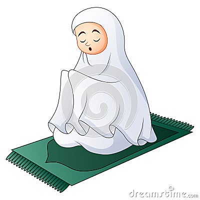 Muslim women sitting on the prayer rug while praying Vector Illustration