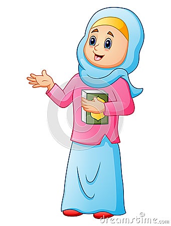 Muslim women wearing blue veil with holding quran presenting Vector Illustration