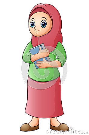 Muslim women wearing red veil with holding a quran Vector Illustration