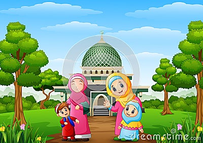 Muslim womens with son and her daughter with mosque in the park Vector Illustration