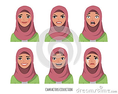 Muslim young woman wearing hijab. Set of emotions Vector Illustration