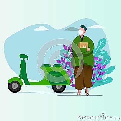 Muslim youth who carry holy books and walk on foo. Vector flat cartoon illustration Vector Illustration