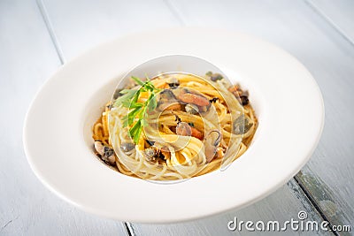 Mussel and bottarga spaghetti Stock Photo