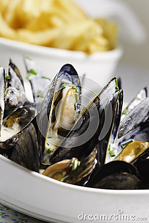 Mussel seafood and french frie Stock Photo