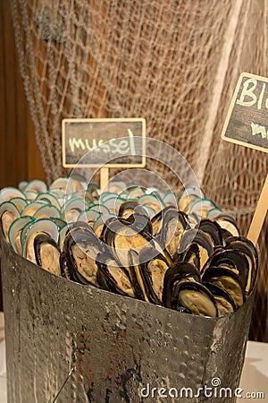 Mussel seafood on ice for buffet Stock Photo