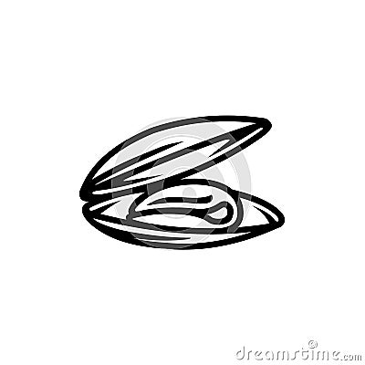 Mussel shell icon. Black line vector isolated icon on white background. Vector Illustration