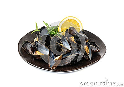 Mussels Pile on Black Plate Isolated, Open Shellfish, Seafood, Mussels Meat, Cooked Clams on White Stock Photo