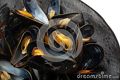 Mussels Pile Closeup, Unshelled Clams, Peeled Mussels, Open Shellfish, Seafood on White Background Stock Photo