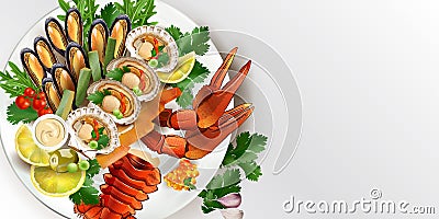 Seafood dish with mussels, lobster, scallops and red caviar. Vector Illustration