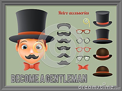 Mustache Bow Glasses Top Hat Gentleman Victorian Business Cartoon Icons Set English 3d Background Retro Vintage Vector Illustration