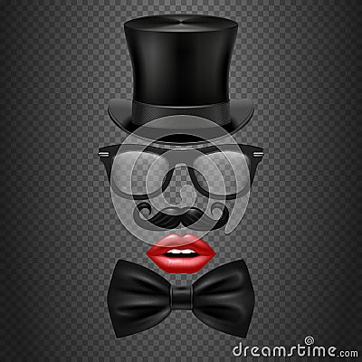 Mustache, bow tie, glasses, red girl lips and cylinder hat. realistic vector hipster photo booth props Cartoon Illustration