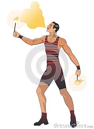 Mustache fire eater in vintage style, spitting fire and wearing old clothes, isolated on white background Vector Illustration