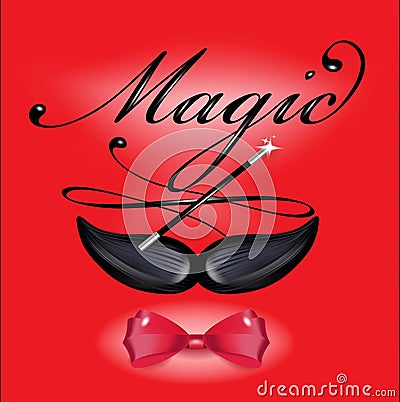 Mustache and magic lettering with red bow tie Stock Photo