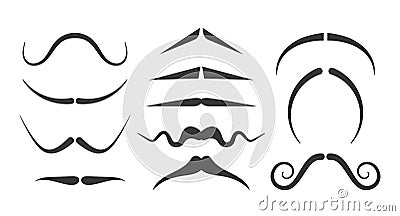 Mustache Types Black Silhouette Vector Icons. Handlebar, Chevron, Dali, Horseshoe, Fu Manchu, Pencil, English, Walrus Vector Illustration